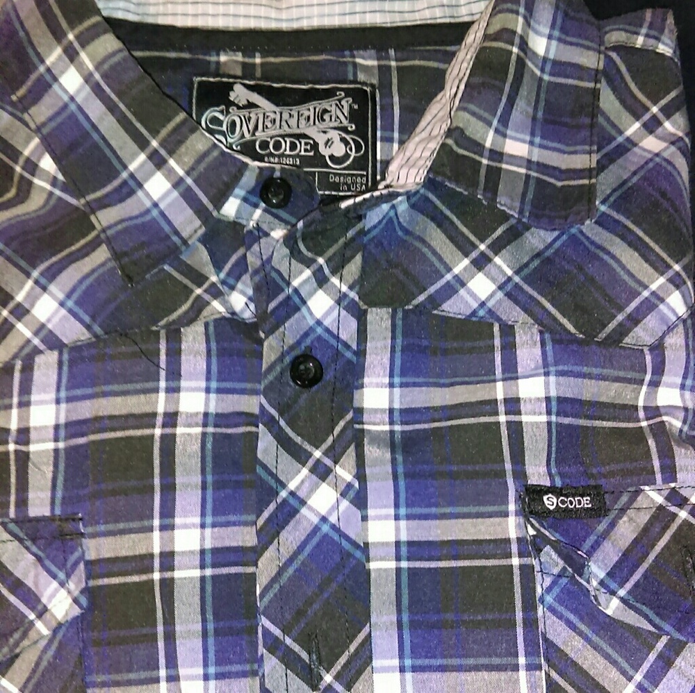 Sovereign Code men's button down plaid shirt.